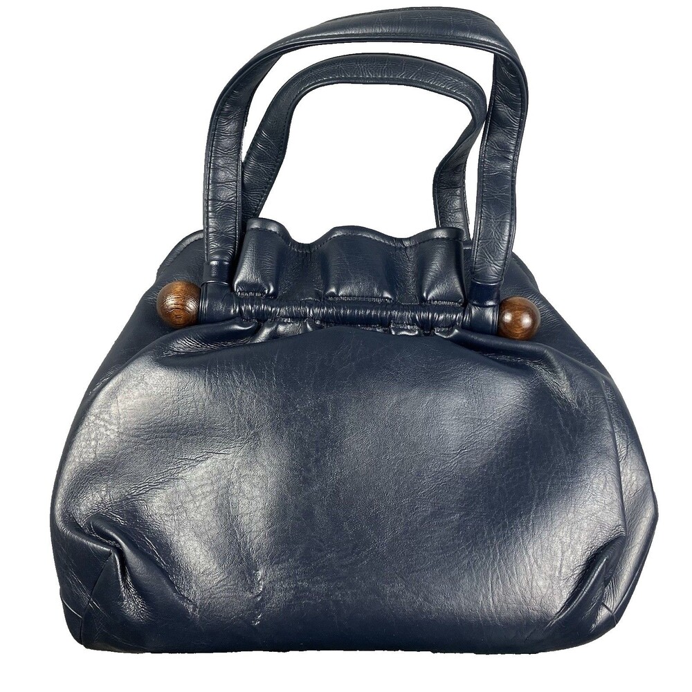 Vintage Mid Century Modern Faux Leather Metal Frame Handbag Purse w/ Wood Accent